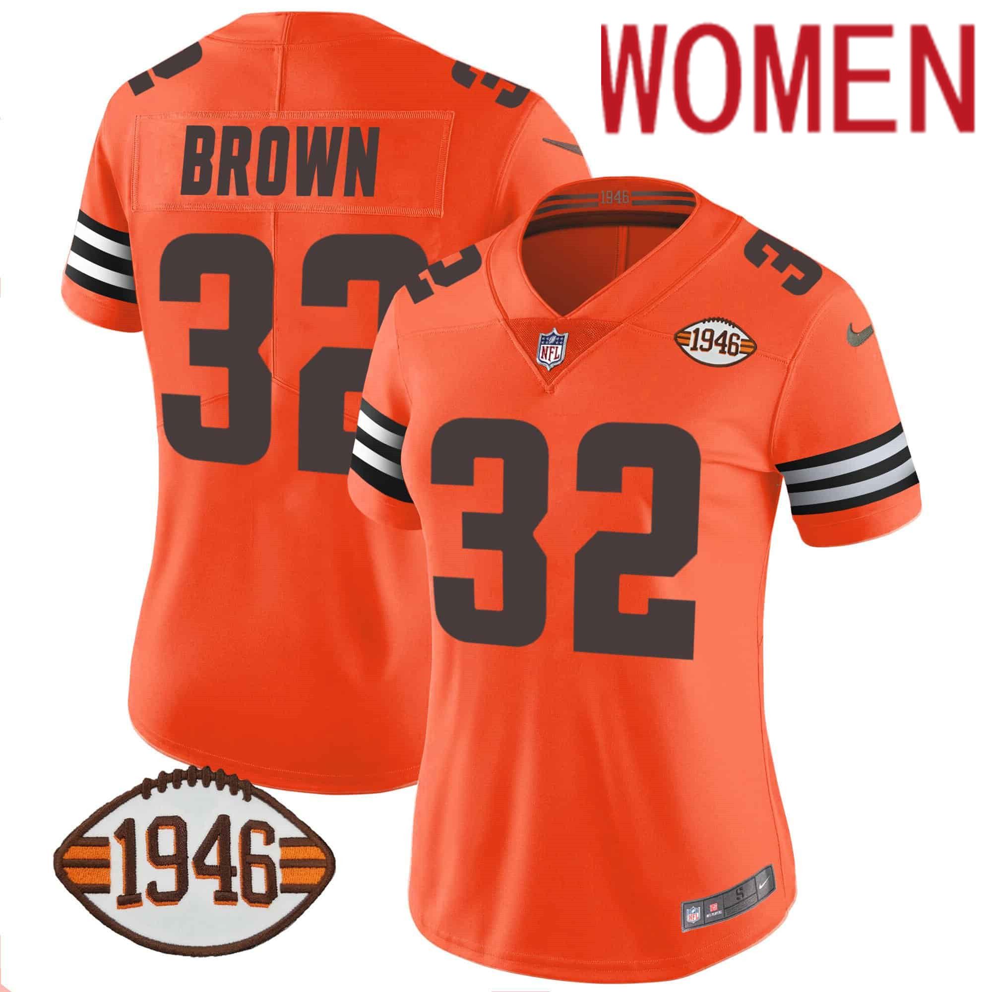 Women Cleveland Browns 32 Brown Orange 1946 75th Anniversary Patch 2024 Nike NFL Jersey